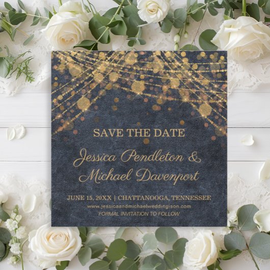 Rustikale Glamour Gold-Lichterkette Save-the-Date-