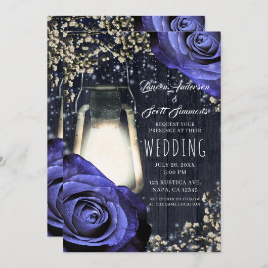 Rustikale glänzende Laterne Lila Rose Winterhochze Einladung (Vorne/Hinten)