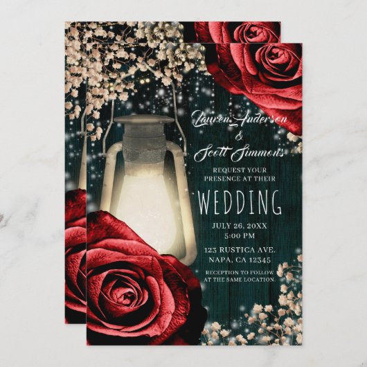 Rustikale glänzende Laterne-Rote Rosen und Aquamar Einladung (Vorne/Hinten)