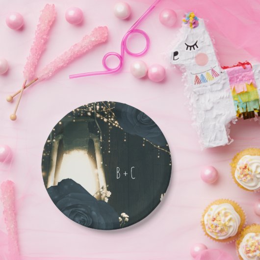 Rustikale glänzende Laternenleuchte Blau Schwarze  Pappteller (Party)