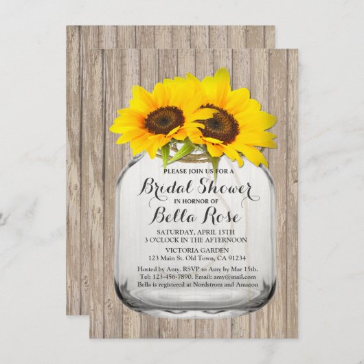 Rustikale Glaskerbe Sonnenblume Brautparty Sonnenb Einladung (Vorne/Hinten)