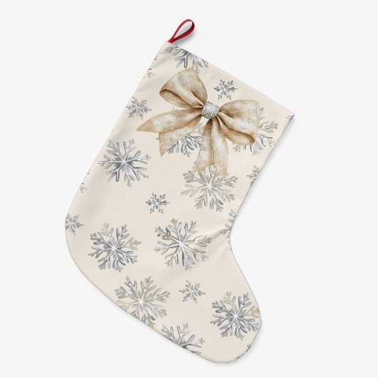 Rustikale Glitzy Cream Bows Weihnachten Großer Weihnachtsstrumpf (Vorderansicht (hängend))