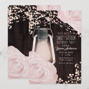 Rustikale Glow-Laterne Babyrosa Rosen Sweet 16 Einladung