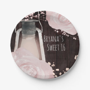 Rustikale Glow-Laterne Babyrosa Rosen Sweet 16 Pappteller