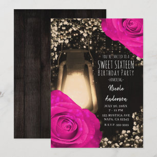 Rustikale Glow-Laterne & Fuchsia Hot Pink Sweet 16 Einladung