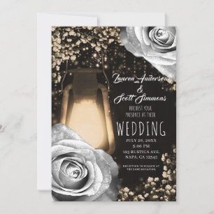 Rustikale Glow-Laterne Silber Grau Rosen Hochzeit  Einladung