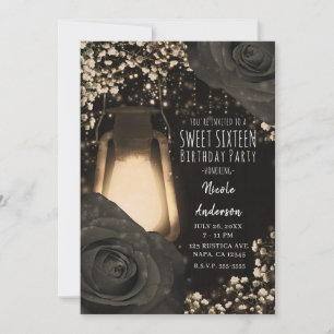 Rustikale Glow-Laterne Warm Schwarz Rosen Sweet 16 Einladung
