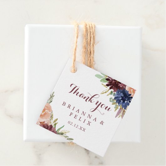 Rustikale Gold-Blätter Blumenkalligrafie-Hochzeit Geschenkanhänger (Beispiel)