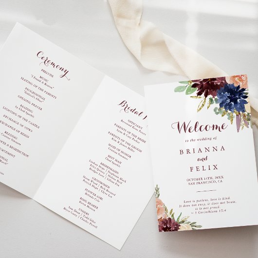 Rustikale Gold-Blätter Kalligrafie FaltenWedding Programm