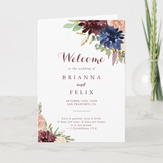 Rustikale Gold-Blätter Kalligrafie FaltenWedding Programm (Vorderseite)