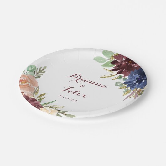 Rustikale Gold-Blätter Kalligrafie Hochzeitstorte Pappteller (Schrägansicht)