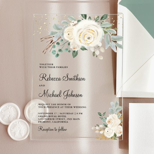 Rustikale Gold Elfenbein Florale Hochzeit Acryleinladungen