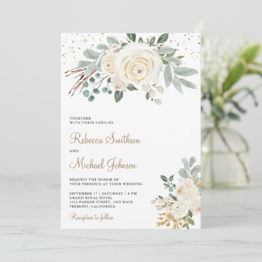 Rustikale Gold Elfenbeinblume Alles in einer Hochz Einladung (Stehend Vorderseite)