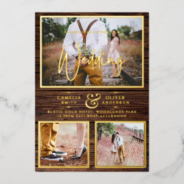 Rustikale GOLD FOIL Foto Collage Wood Wedding Folieneinladung