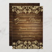Rustikale Golddamaske und Barnholz-Hochzeit Einladung (Vorne/Hinten)