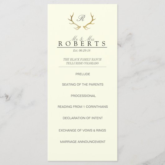 Rustikale Goldene Geweihe | Elegante Hochzeits-Rac Programm (Vorderseite)