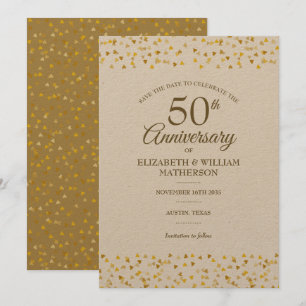 Rustikale goldene Herzen zur 50. Hochzeitsjubiläum Save The Date
