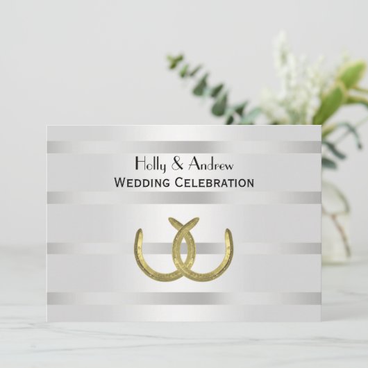 Rustikale Goldene Hufeisen Silver Whit H Wedding Einladung (Stehend Vorderseite)