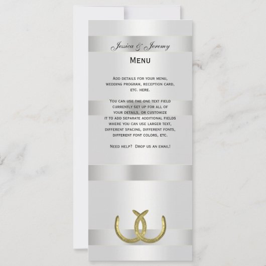Rustikale Goldene Hufeisen Silver Whit Menu Cards Einladung (Rückseite)