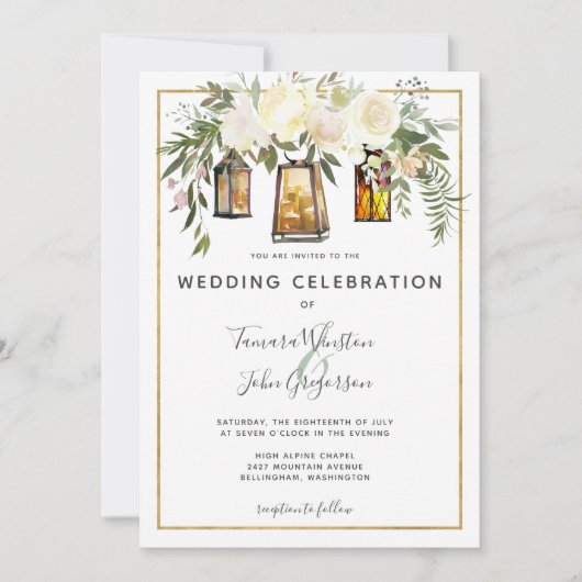 Rustikale goldene Laternen in einem weißen Peonies Einladung (Vorderseite)