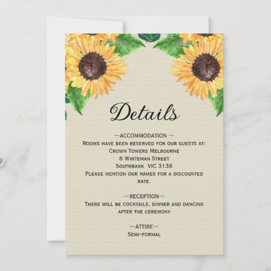 Rustikale goldene Sonnenblumen Hochzeitsdetails Einladung (Vorderseite)