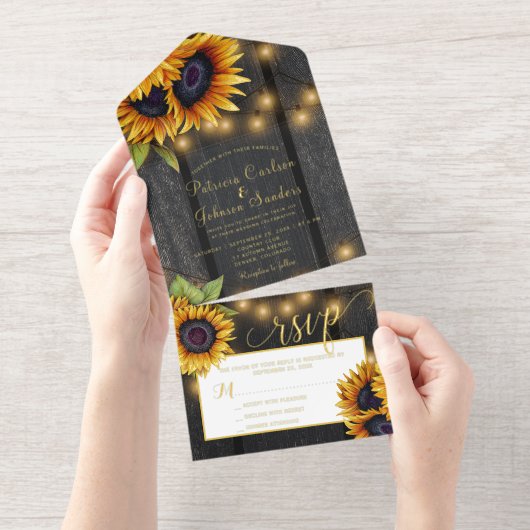 Rustikale goldene Sonnenblumen Holz Hochzeitgold-F All-in-One-Einladung (Abreißstreifen)