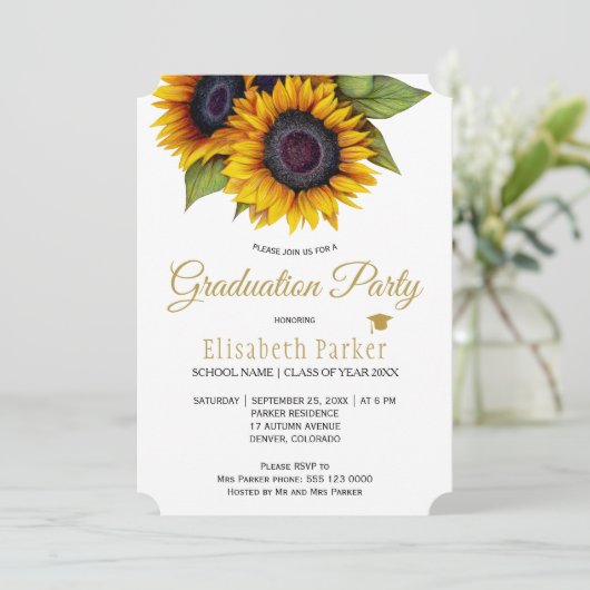 Rustikale goldene Sonnenblumen Sommer Abschluss Einladung (Stehend Vorderseite)