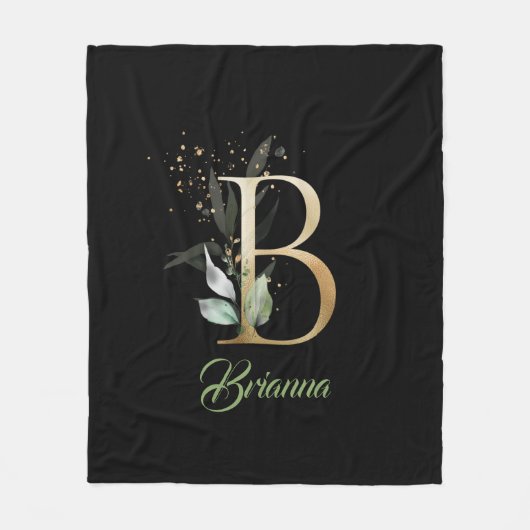 Rustikale Goldfolie B Monogramm Grüne Eukalyptus Fleecedecke (Vorderseite)