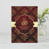 Rustikale Goldmaroon Red Damask muslimische Hochze Einladung (Stehend Vorderseite)