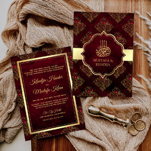 Rustikale Goldmaroon Red Damask muslimische Hochze Einladung