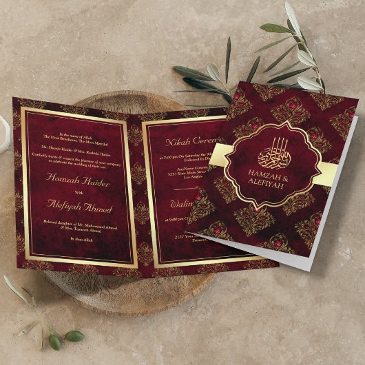 Rustikale Goldmaroon Red Damask muslimische Hochze Einladung