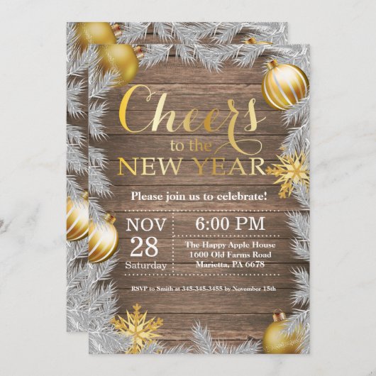 Rustikale Goldsylvesterabend-Party Einladung (Vorne/Hinten)