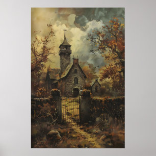 Rustikale gotische Steinkirchenkunst, Vintage-Herb Poster