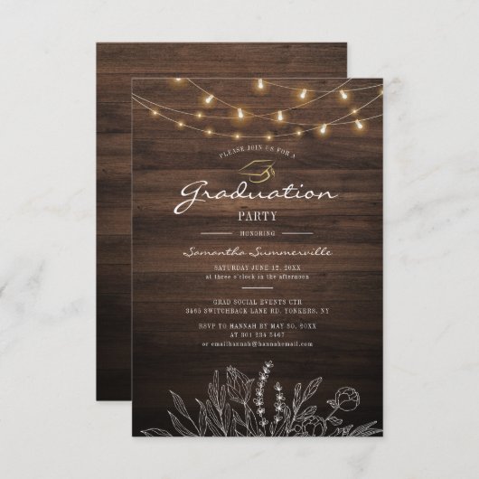 Rustikale Graduation Party 2024 String Lights Einladung (Vorne/Hinten)