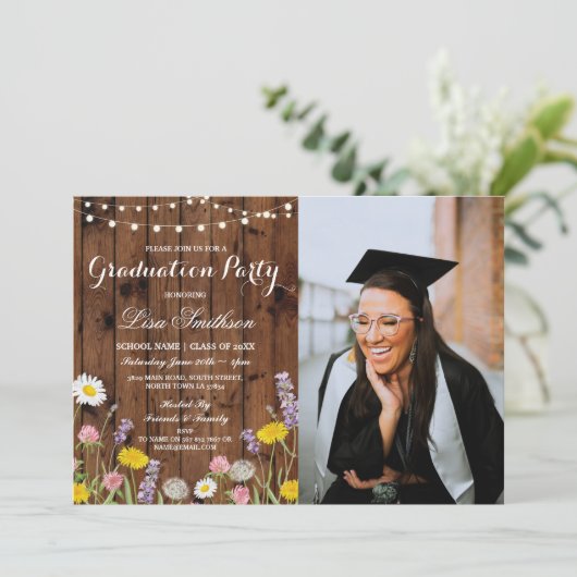 Rustikale Graduierungspartei Wilde Blume Blumenkoh Einladung (Stehend Vorderseite)