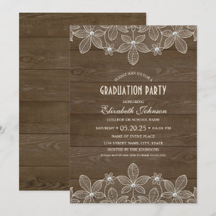 Rustikale Graduierungspartei Wood Lace Pearl Grad Einladung