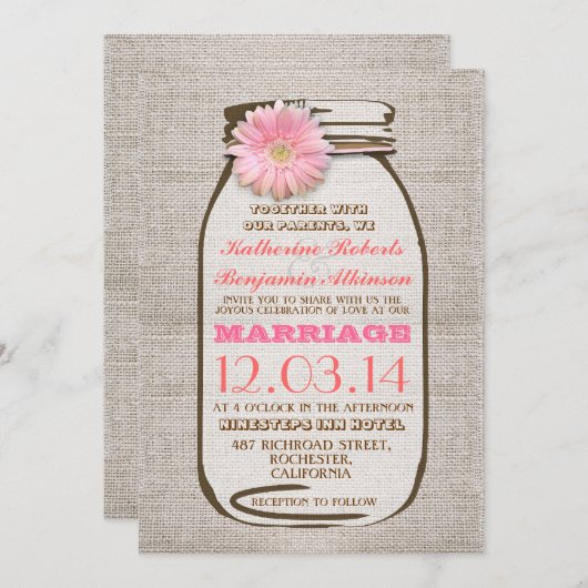 Rustikale Grasmauer-Krug-Rosa-Gerbera-Hochzeit Einladung (Vorne/Hinten)