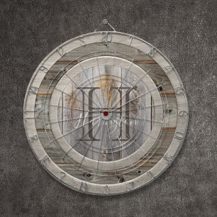 Rustikale graue Holz-Monogramm Dartscheibe