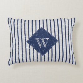 Rustikale graue Linen und Navy Blue Stripes Monogr Dekokissen