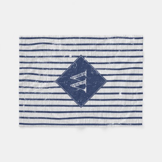 Rustikale graue Linen und Navy Blue Stripes Monogr Fleecedecke (Vorderseite (Horizontal))