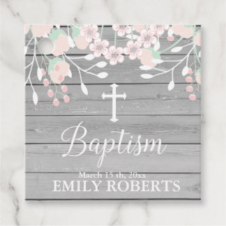 Rustikale Grauholz Blütenblütentaufe Geschenkanhänger