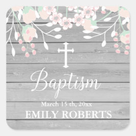 Rustikale Grauholz Blütenblütentaufe Quadratischer Aufkleber