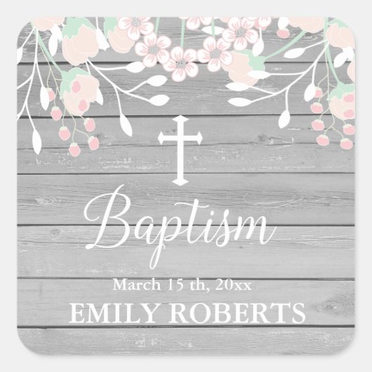 Rustikale Grauholz Blütenblütentaufe Quadratischer Aufkleber (Vorderseite)