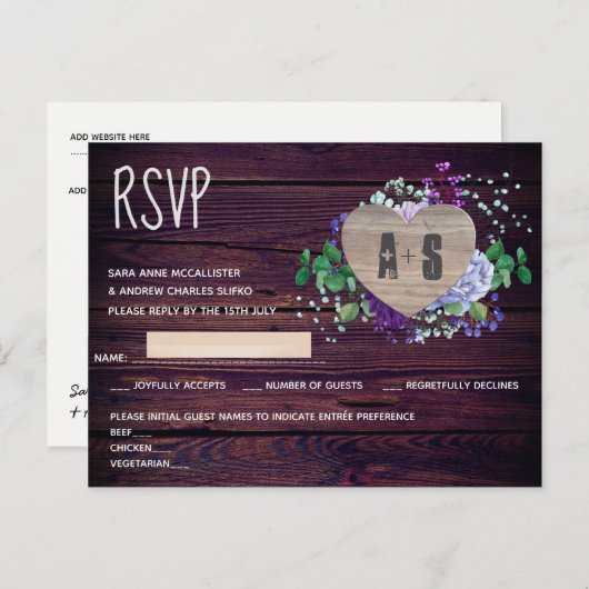 Rustikale, gravierte Herzmonogramm UAWG Blumenholz Einladungspostkarte (Vorne/Hinten)