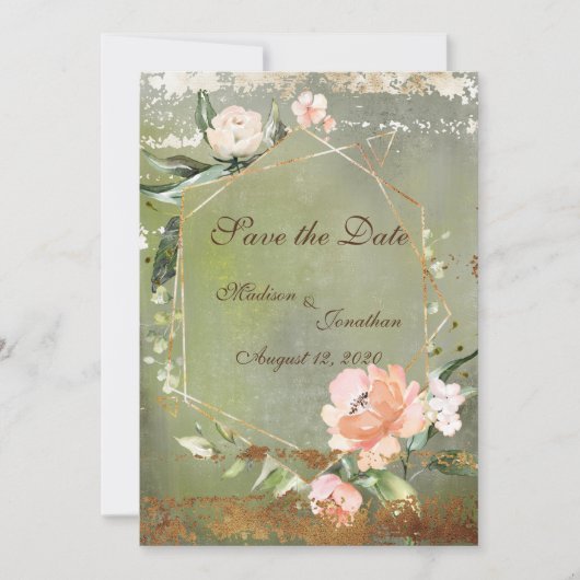 Rustikale Green Floral Gold-Script-Hochzeit Save The Date (Vorderseite)