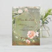 Rustikale Green Floral Gold-Script-Hochzeit Save The Date (Stehend Vorderseite)