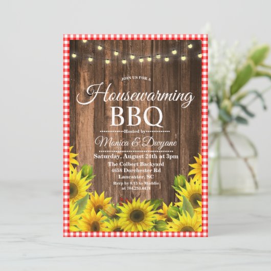 Rustikale GRILLEN Haushaltswärmung Sonnenblumen Ei Einladung (Stehend Vorderseite)