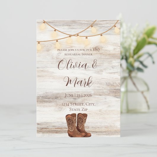 Rustikale GRILLEN Probe Abendessen Einladung (Stehend Vorderseite)