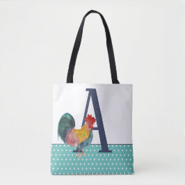 Rustikale große Monogramm-Rooster-Aquamarine Polka Tasche