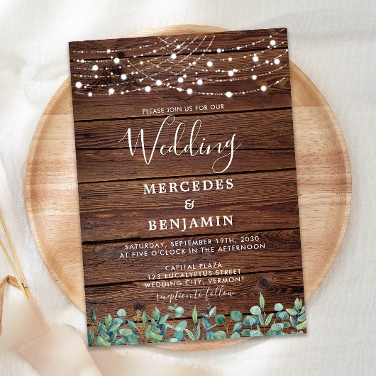Rustikale Grün String Lights Country Wood Wedding Einladung